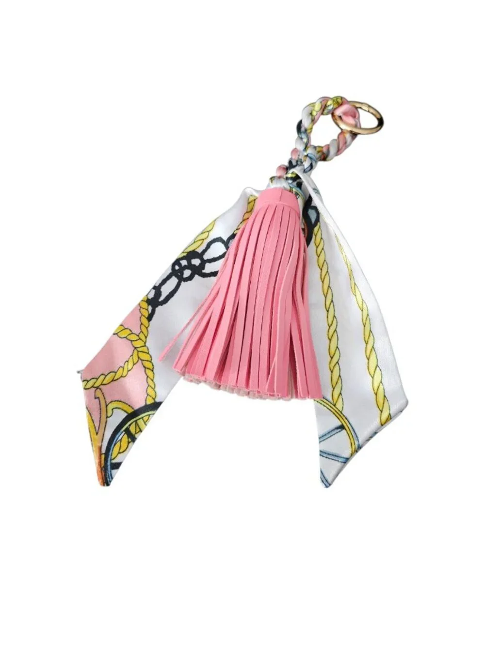 MacRae & Co Scarf Vegan Tassel Fringe Braided Keychain Bag Charm New Pink White